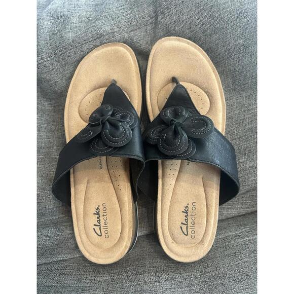 Clarks Collection Brynn Flip Flop Sandals Womens Size 10 Black Leather - Picture 1 of 12